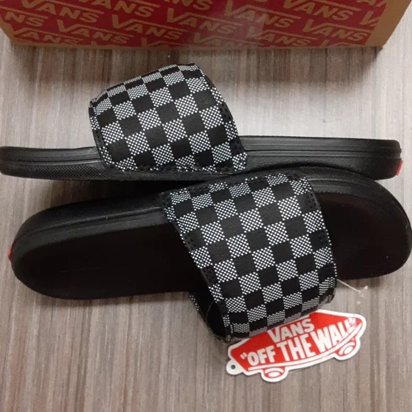 🎒 2/$30 👟 Vans Range Youth Slide Sandals Checker Dot Black Sz 3 NWT - Picture 6 of 9